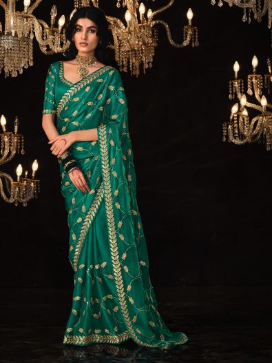 Fetching Teal Green Embroidered Silk Event Wear Saree With Blouse 