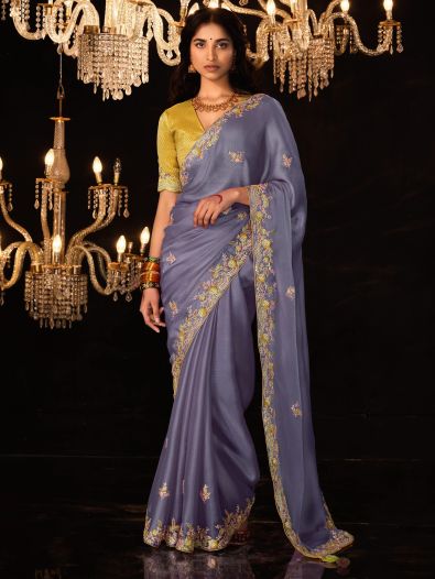 Captivating Dusty Purple Embroidered Silk Traditional Saree 