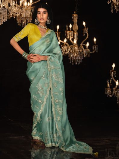 Bewitching Sky Blue Sequins Silk Festival Wear Saree With Blouse 