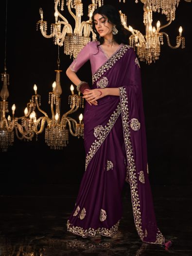 Histrionic Wine Embroidered Silk Wedding Saree With Blouse