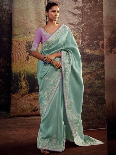 Awesome Sky Blue Zari Work Silk Party Wear Saree With Blouse