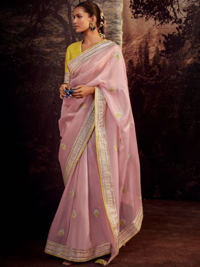 Marvelous Light Pink Sequins Work Silk Wedding Saree With Blouse 