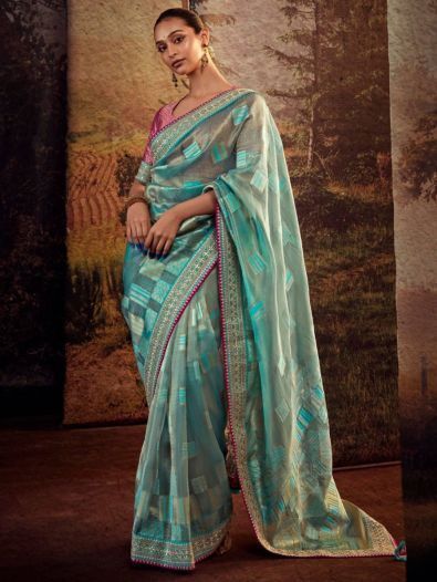 Ravishing Sky Blue Heavy Lace Work Silk Traditional Saree