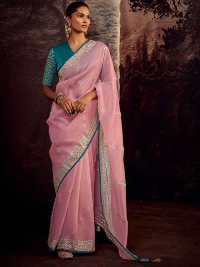Adorable Pink Fancy Zari Work Silk Reception Wear Saree With Blouse