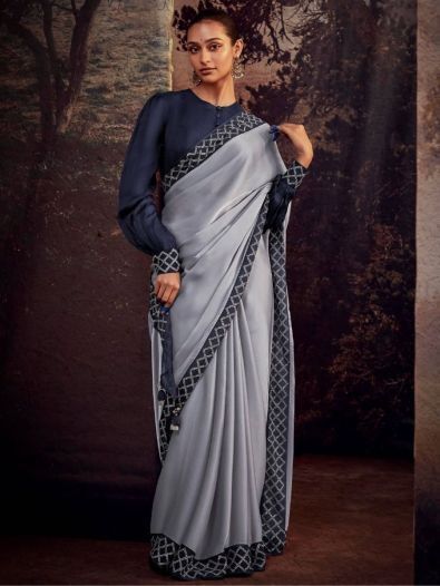 Amazing Grey Heavy Lace Work Silk Reception Wear Saree With Blouse 