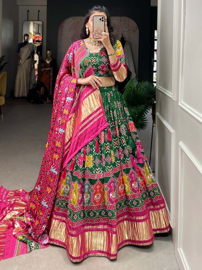 Incredible Green Digital Printed Gaji Silk Wedding Wear Lehenga Choli