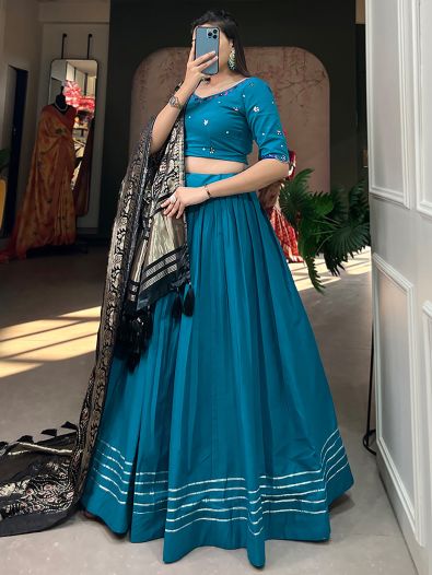 Charming Blue Cotton Plain Festive Wear Lehenga Choli With Dupatta