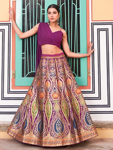 Fancified Purple Zari Weaving Silk Indo-Western Crop Top Lehenga