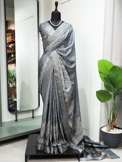 Stunning Grey Digital Printed Handloom Kotha Border Saree With Blouse