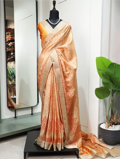 Pretty Orange Digital Printed Handloom Kotha Border Saree With Blouse