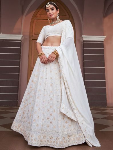 Gorgeous White Lucknowi Work Georgette Wedding Wear Lehenga Choli