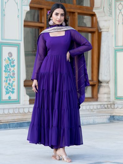 Lovely Purple Ruffle Work Georgette Event Wear Gown With Dupatta
