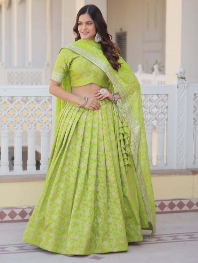 Ravishing Green Embroidered Jacquard Wedding Wear Lehenga Choli