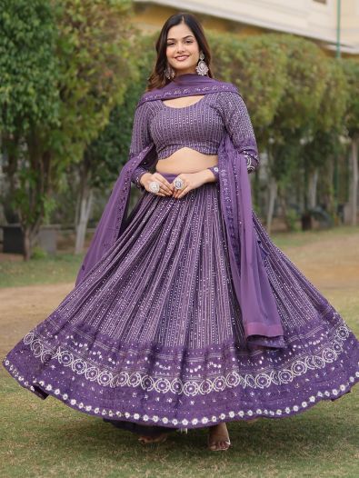 Irresistible Purple Sequins Georgette Wedding Wear Lehenga Choli