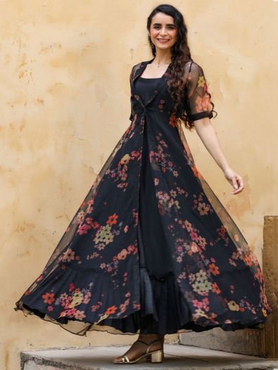 Fantastical Black Rayon Designer Plain Gown With Printed Koti