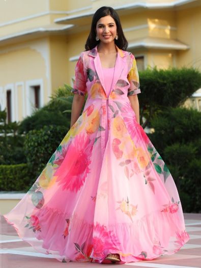 Fascinating Pink Rayon Festival Wear Plain Gown With Printed Koti