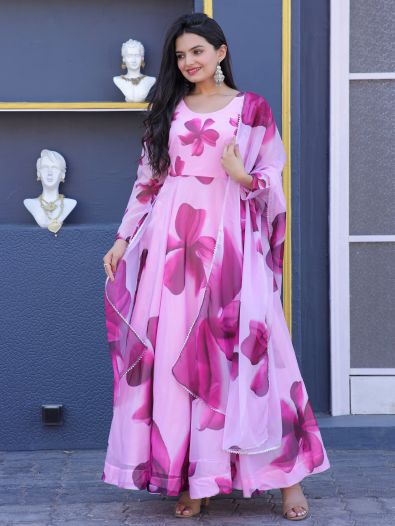 Astonishing Pink Floral Printed Silk Evening Wear Gown With Dupatta