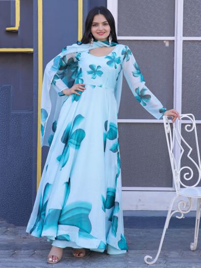 Breathtaking Sky Blue Floral Printed Silk Festival Wear Gown