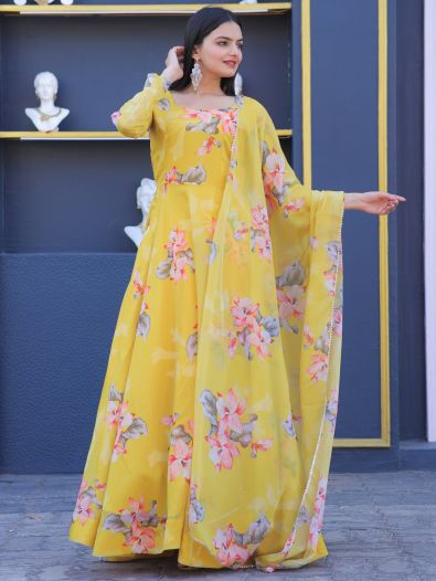 Remarkable Yellow Floral Printed Silk Traditional Gown With Dupatta