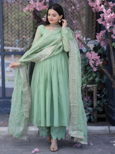 Incredible Pista Green Silk Festival Wear Palazzo Suit With Dupatta