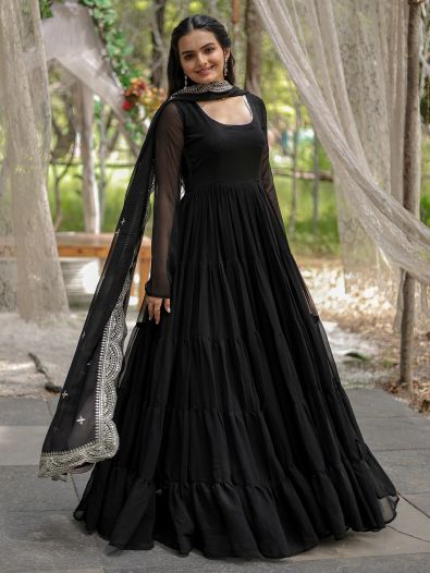 Magnificent Black Georgette Party Wear Plain Gown With Dupatta