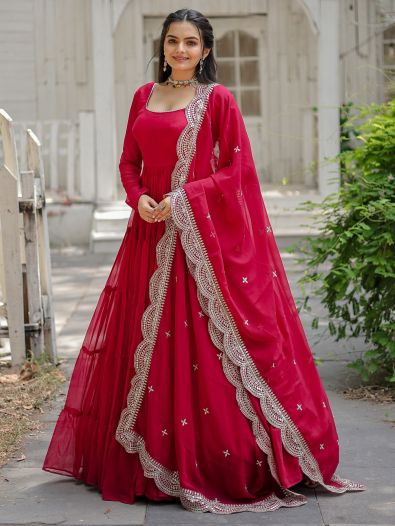 Beautiful Rani Pink Georgette Reception Wear Plain Gown With Dupatta