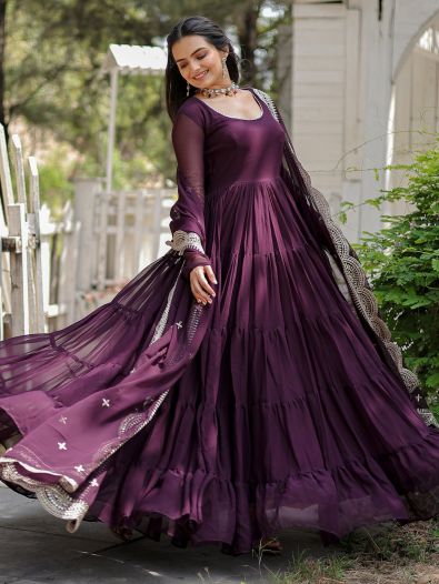 Unexpected Wine Georgette Festival Wear Plain Gown With Dupatta