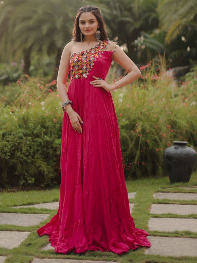 Irresistible Rani Pink Gamthi Work Rayon Navratri Wear Gown