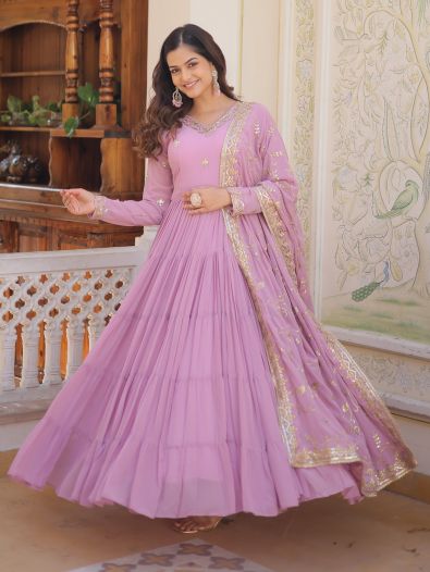Desirable Lavender Embroidered Georgette Event Wear Gown With Dupatta