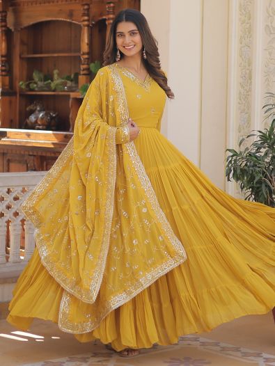 Wonderful Yellow Ruffle Work Georgette Haldi Wear Gown With Dupatta