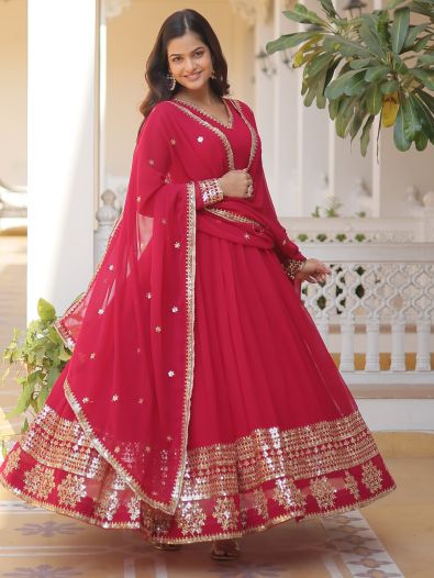 Superb Pink Sequins Georgette Wedding Wear Anarkali Gown With Dupatta