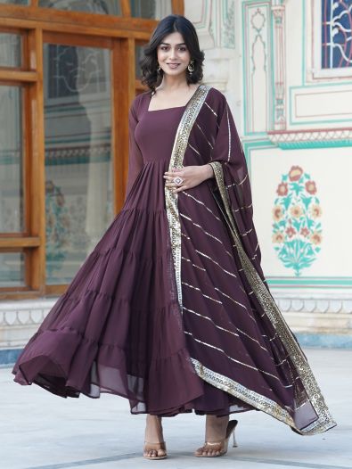 Capricious Brown Ruffle Georgette Festival Wear Gown With Dupatta