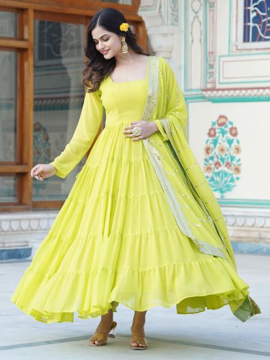 Fascinating Lime Green Ruffle Georgette Wear Gown With Dupatta