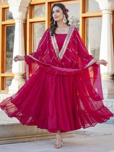 Charming Rani Pink Ruffle Work Georgette Function Wear Gown