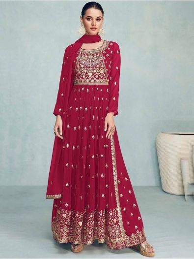 Beautiful Pink Embroidered Georgette Festive Wear Palazzo Suits