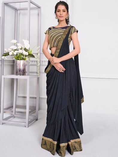 Gorgeous Navy-Blue Sequin Lycra Ready-to-wear Saree With Blouse