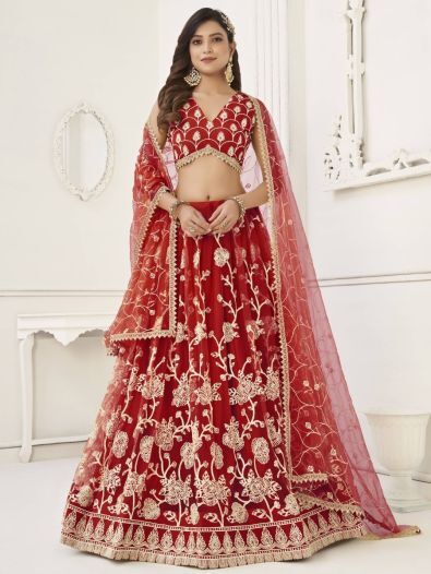 Outstanding Red Sequins Net Wedding Wear Lehenga Choli With Dupatta