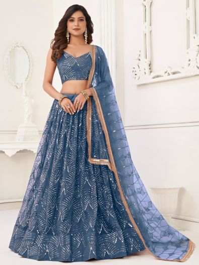 Fabulous Blue Sequins Net Sangeet Wear Gown With Dupatta