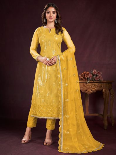 Magnetic Yellow Sequins Net Events Wear Salwar Kameez With Dupatta