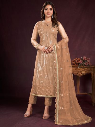 Enticing Brown Sequins Net Festive Wear Salwar kameez With Dupatta