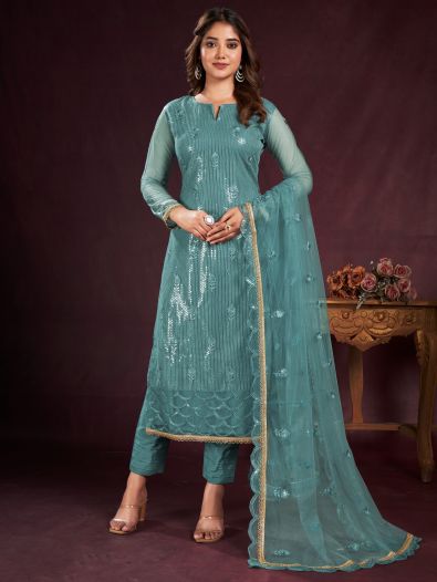 Charming Blue Sequins Net Traditional Salwar Kameez With Dupatta