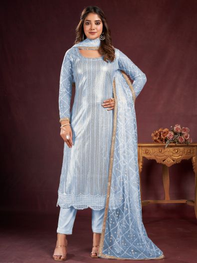 Entrancing Sky-Blue Sequins Net Traditional Salwar Kameez With Dupatta