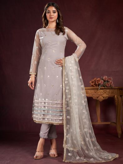 Lavish Dusty Grey Sequins Net Events Wear Salwar Kameez With Dupatta