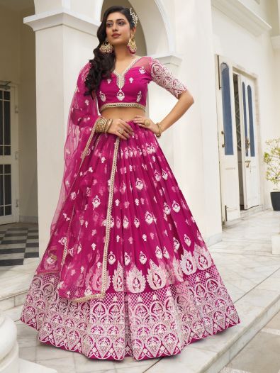 Charming Rani Pink Thread Work Net Wedding Wear Lehenga Choli