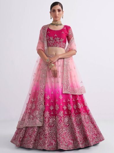 Pink Heavily Embroidered Net Bridal Lehenga Choli