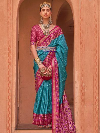 Marvelous Cyan Patola Print Silk Wedding Wear Saree With Blouse