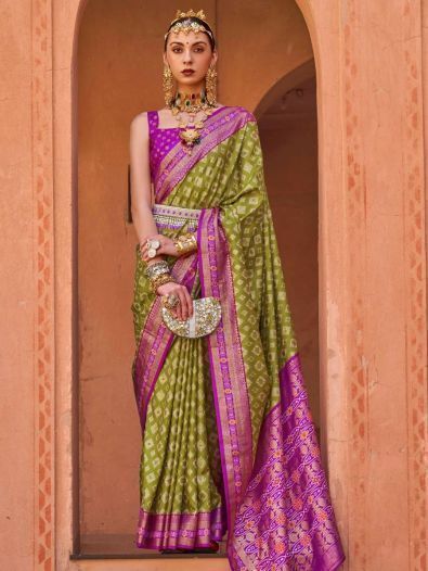 Great Olive Green Patola Print Silk Reception Saree With Blouse