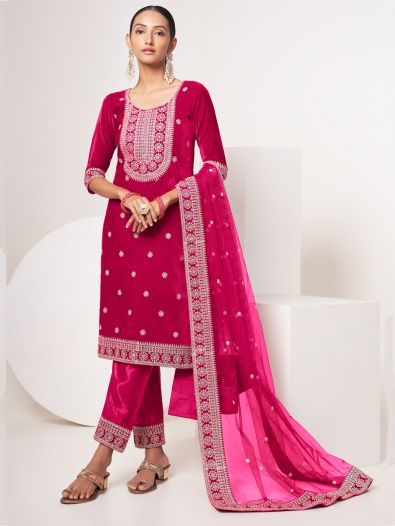 Impressive Pink Zari Work Velvet Wedding Wear Pant Suit With Dupatta