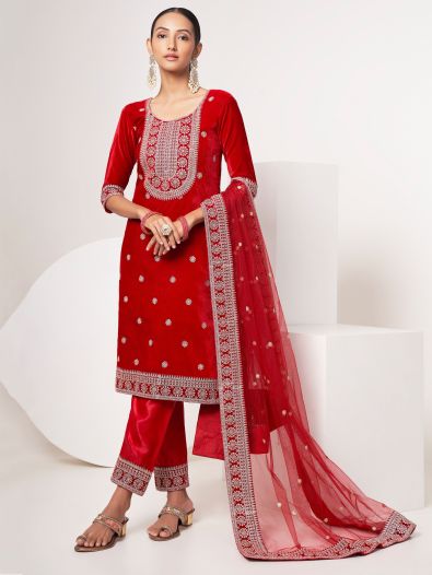Spectacular Red Embroidered Velvet Event Wear Pant Suit With Dupatta