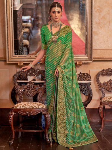 Mesmerizing Green Georgette Leheriya Wedding Wear Saree
